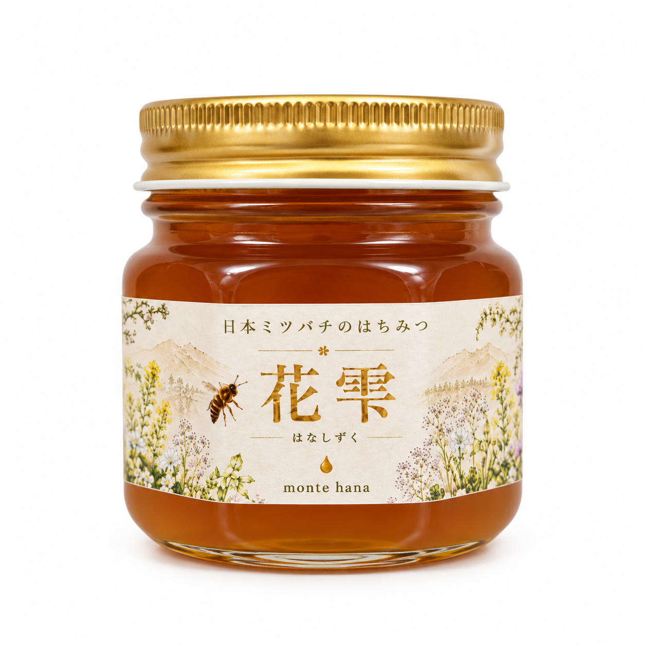 白背景に正面を向いた花雫 100gの蜂蜜瓶