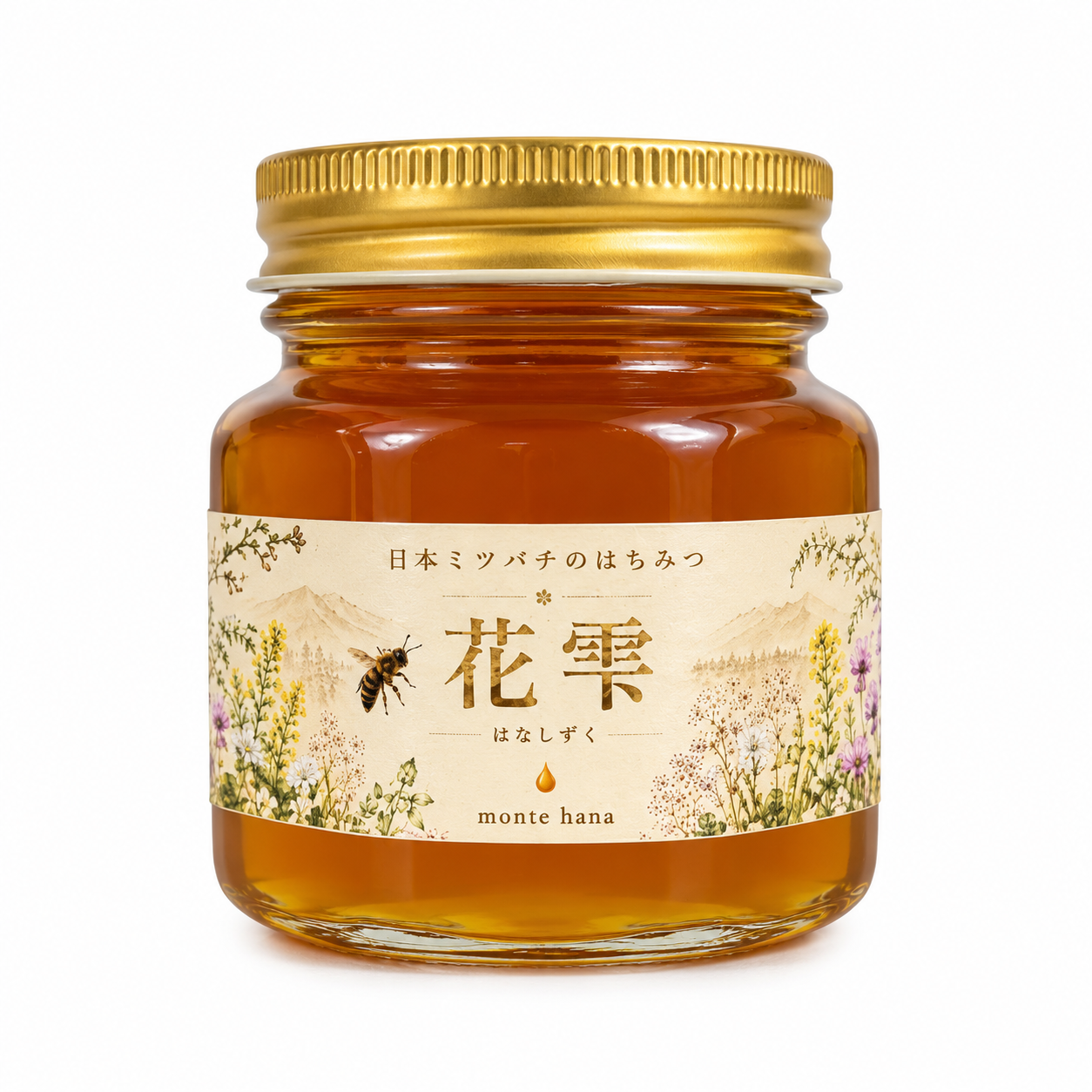 白背景に正面を向いた花雫 150gの蜂蜜瓶